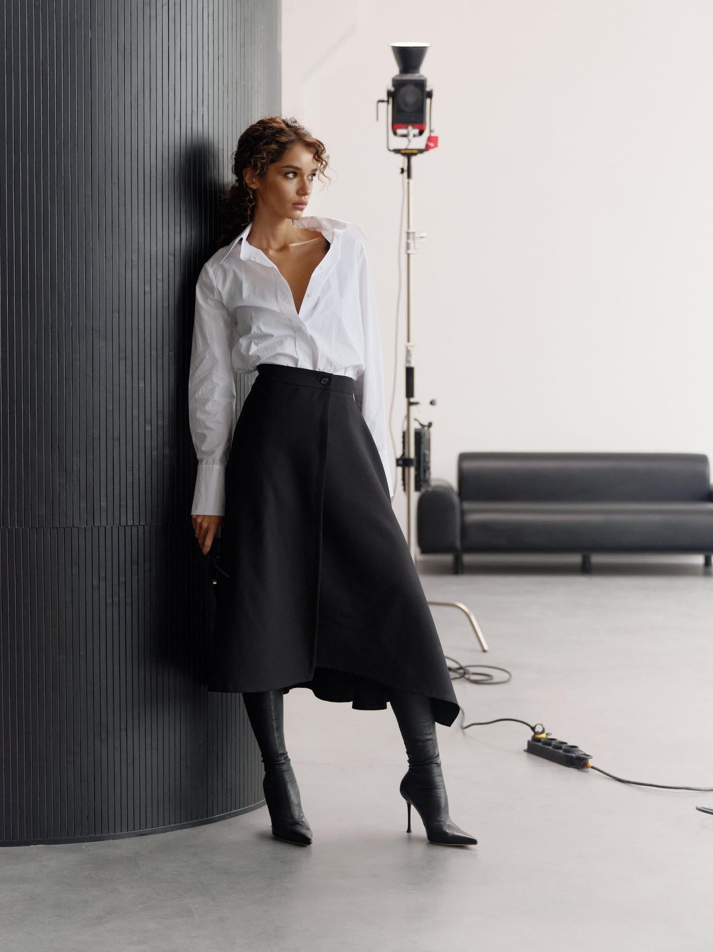 Jill asymmetric midi skirt in fine black wool