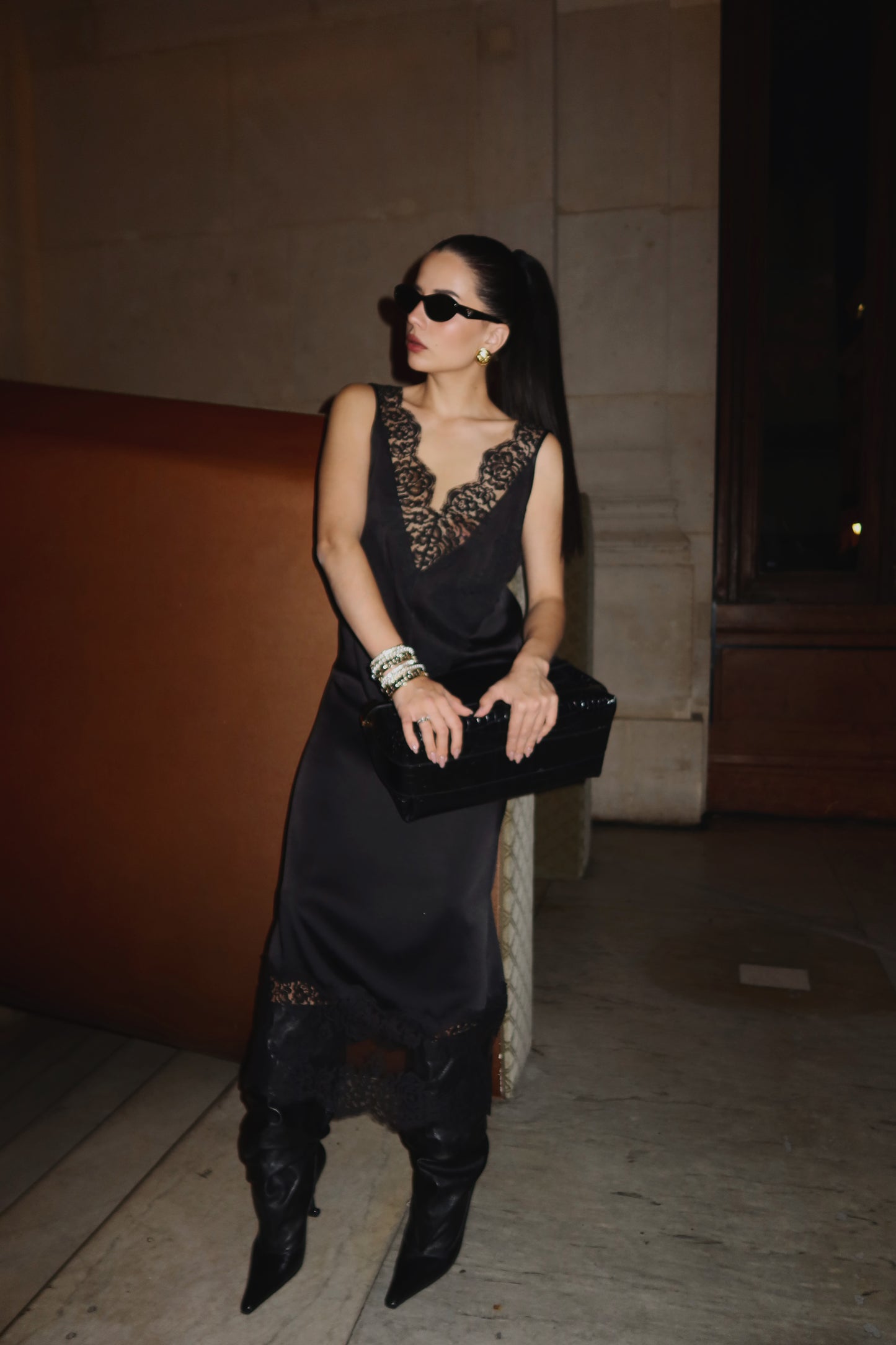 Silk blend lace maxi dress with deep back V-cut