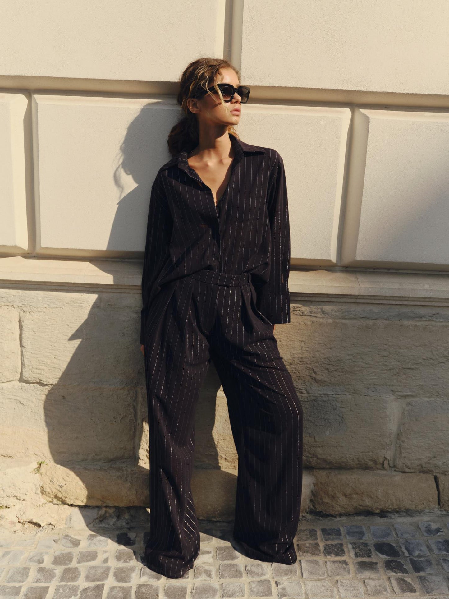 Two-piece set with loose fit pants and shirt in navy lurex stripe fine wool