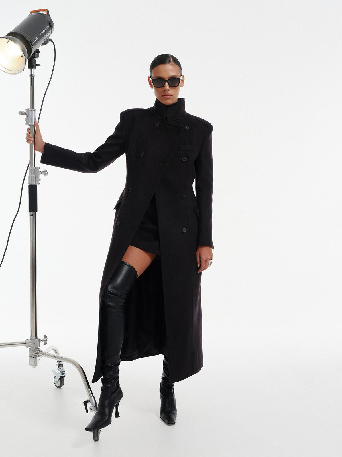 Nikko slim fit double breasted maxi coat in premium black wool