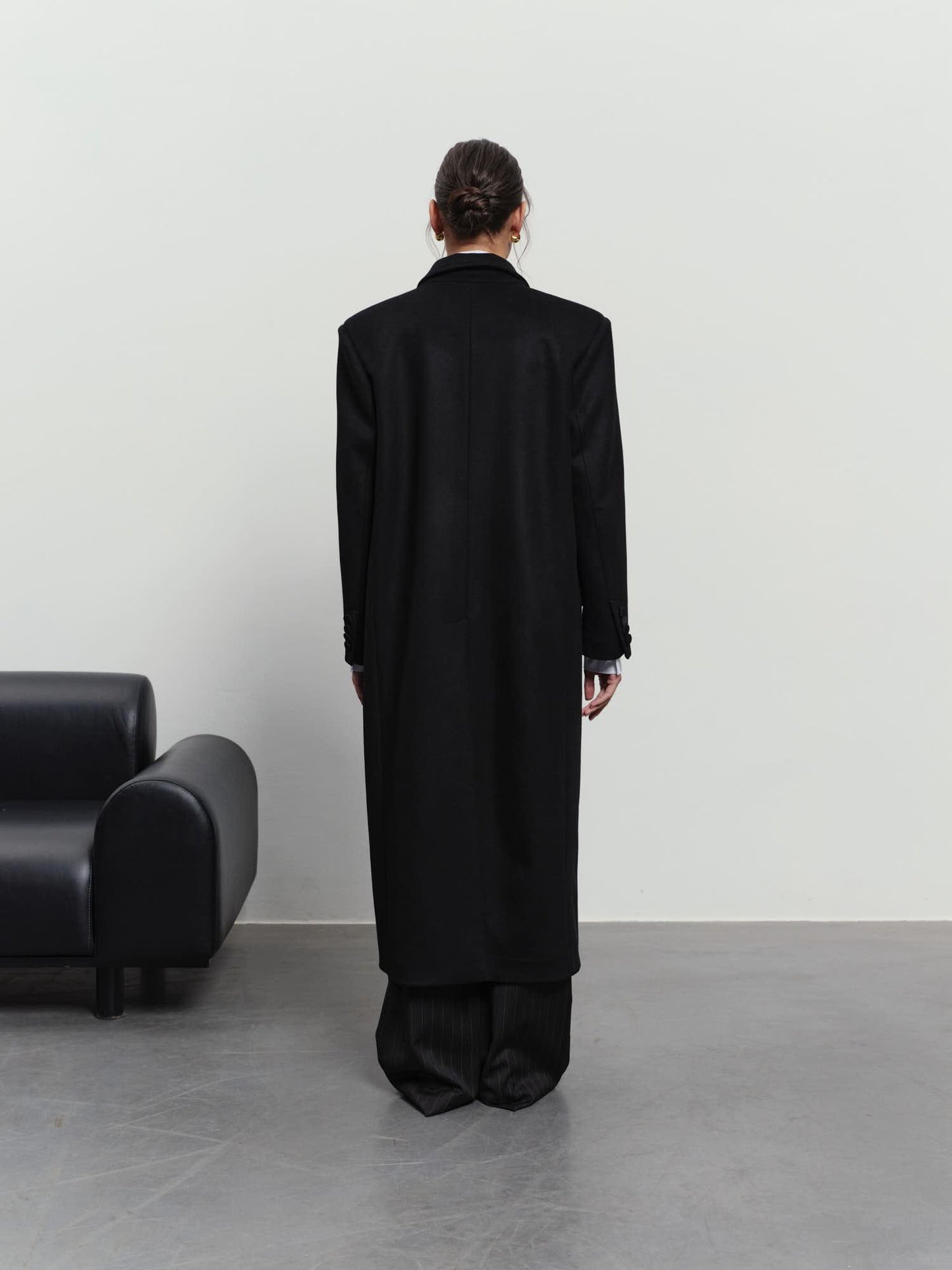Relaxed wool cashmere maxi coat with accent satin buttons