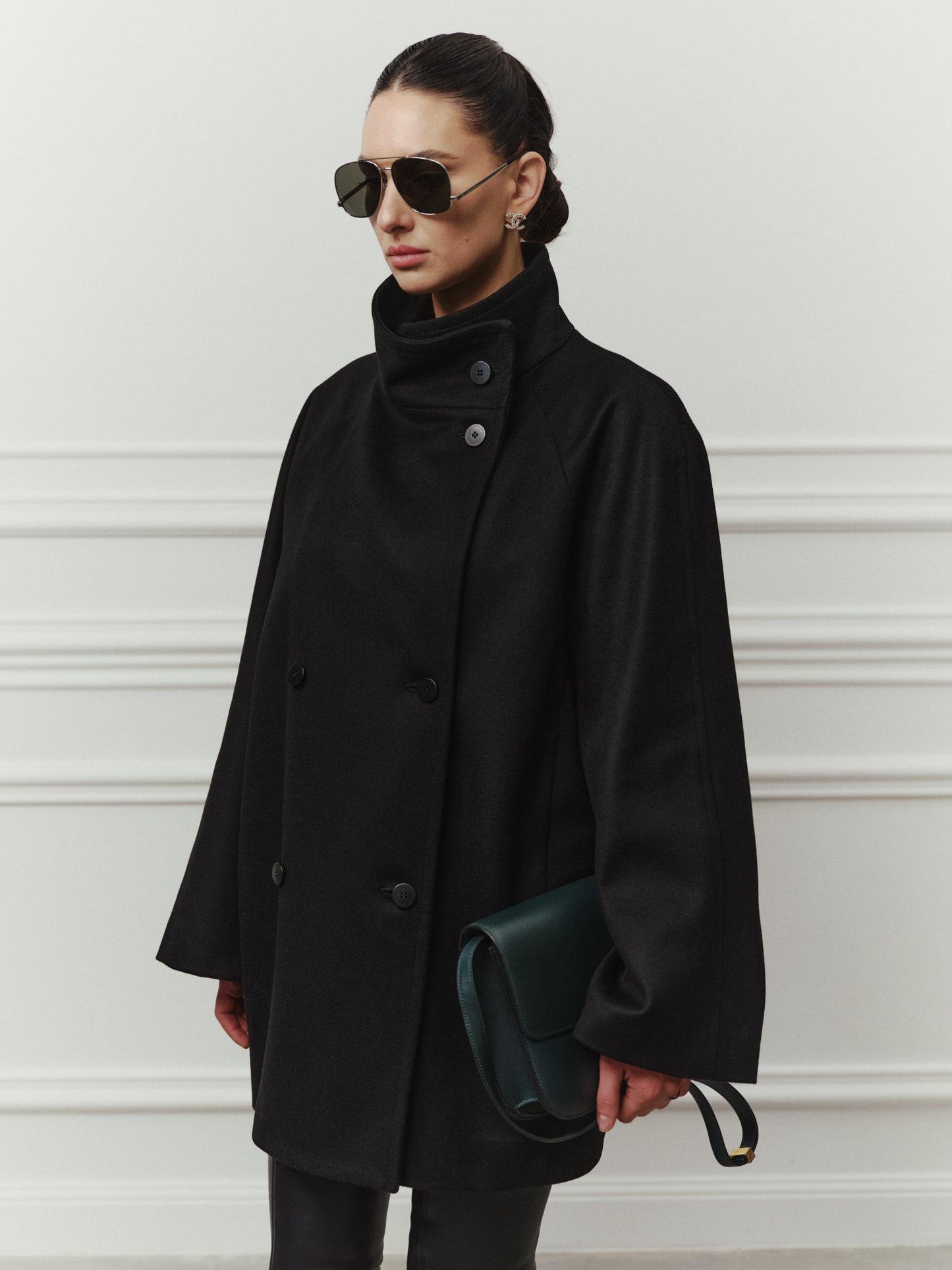 Cocoon double-breasted midi wool coat with high collar