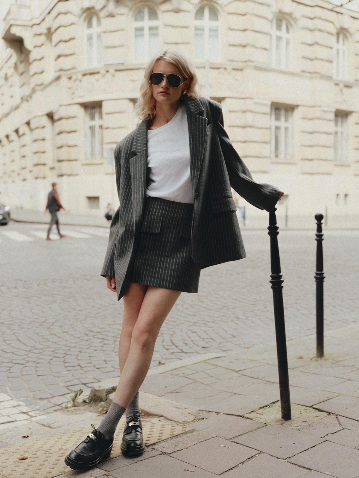 Two-piece warm set with Ralph contemporary fit wool jacket and mini skirt