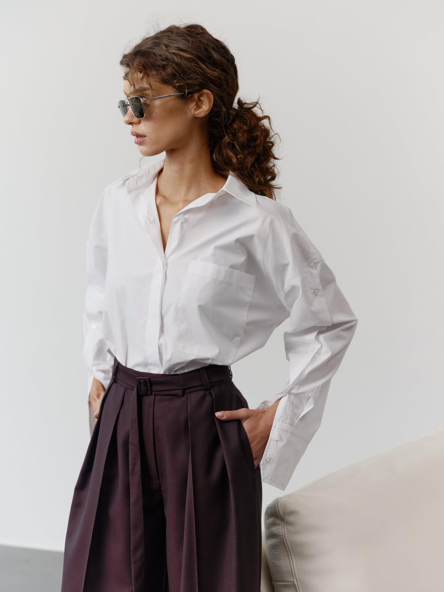 Relaxed fit cotton shirt with accent buttoned sleeves