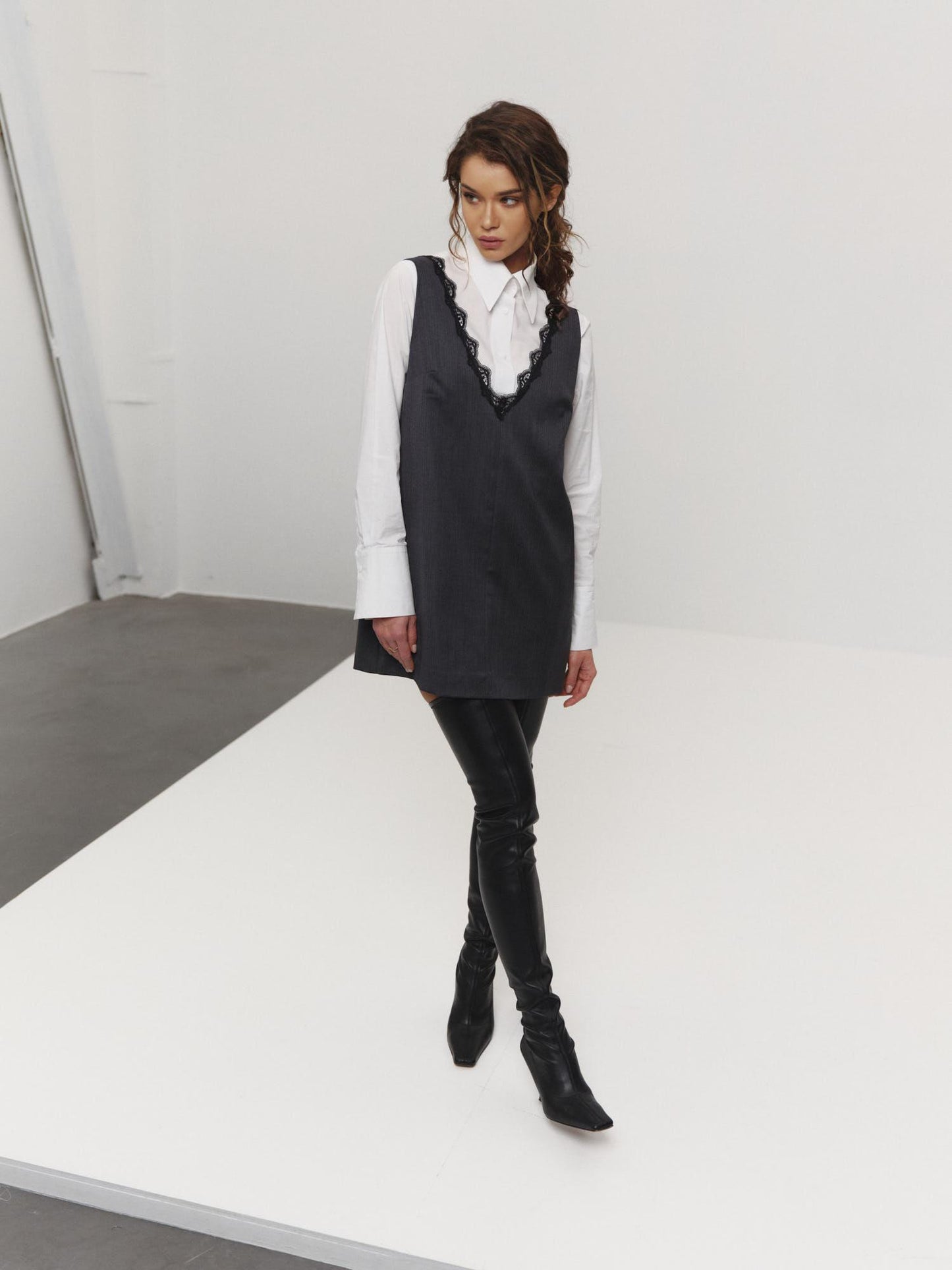 Loose fit mini dress with accent lace v-neck