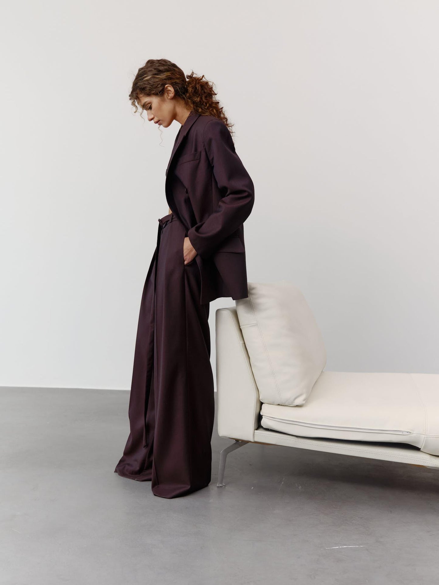 Two-piece relaxed fit wool suit with palazzo pants in dark burgundy