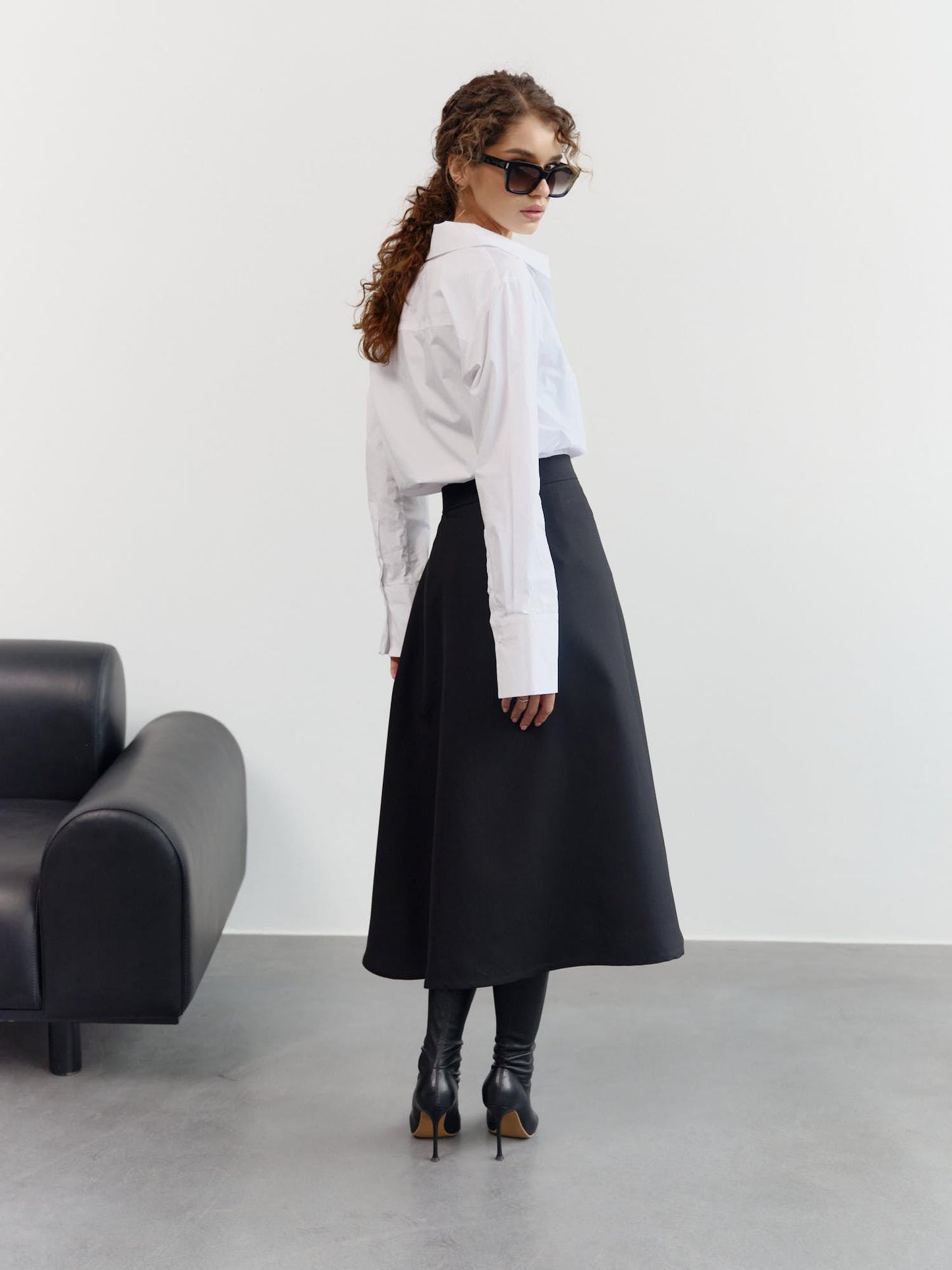 Jill asymmetric midi skirt in fine black wool