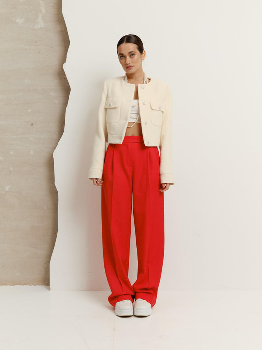 Loose fit pants in accent red polished wool