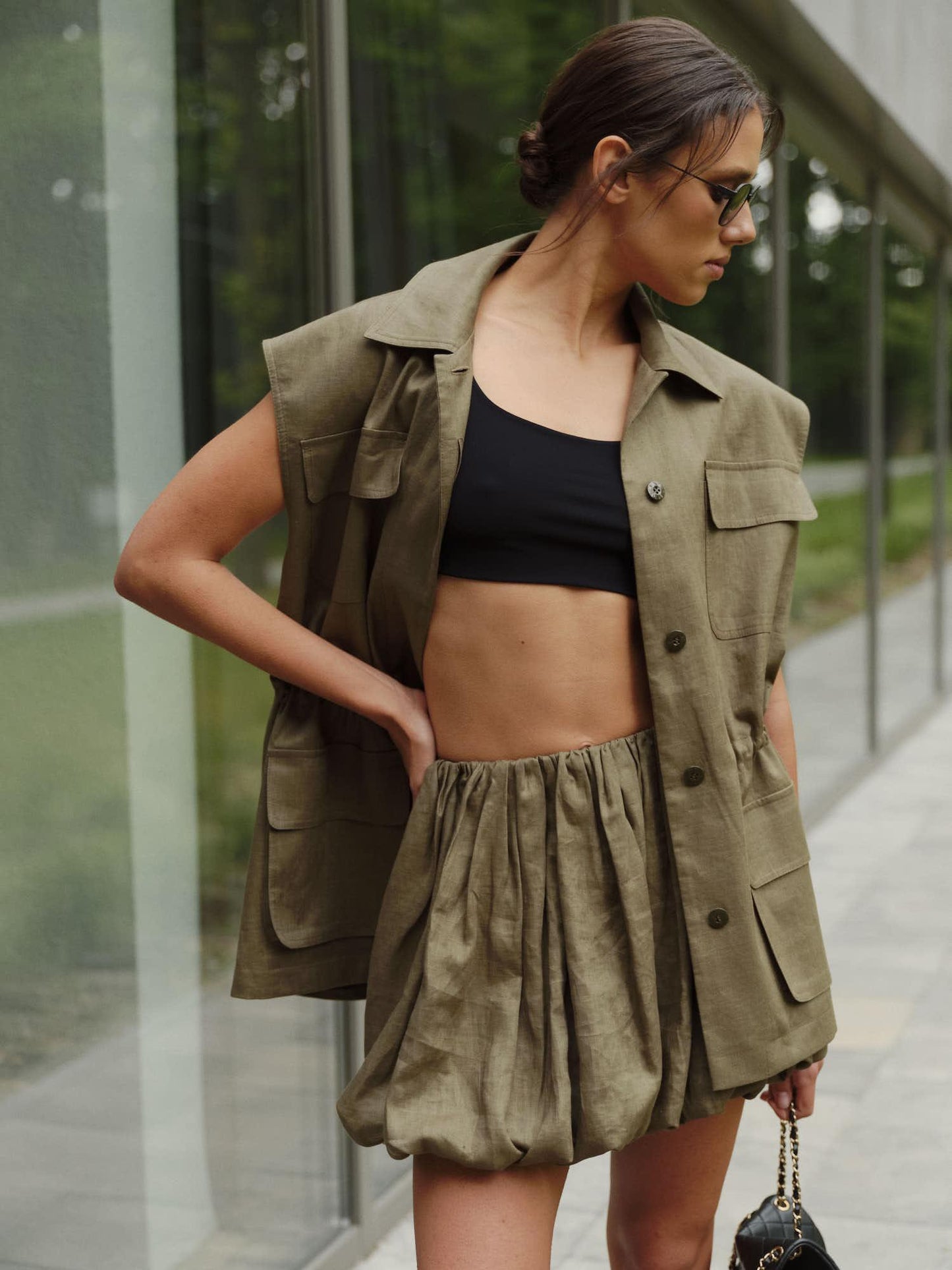 Sleeveless urban jacket with balloon mini dress in khaki linen