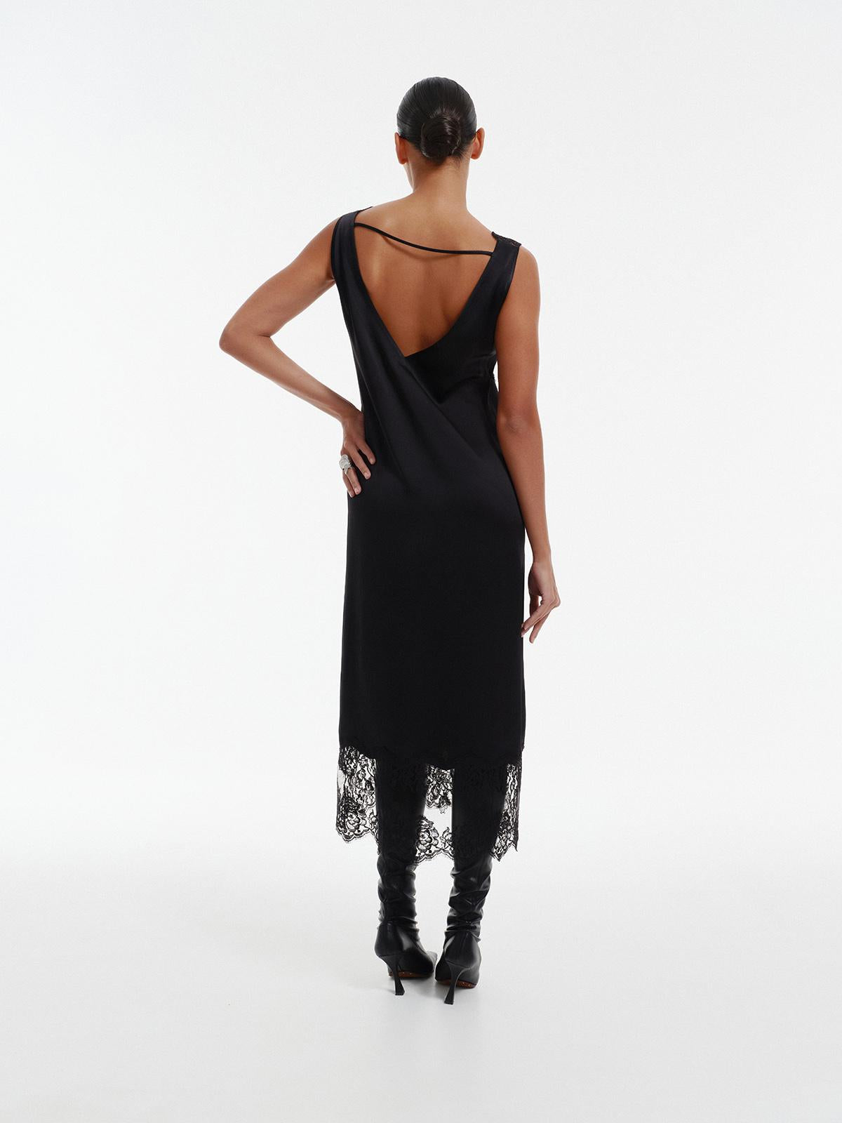 Maxi lace dress with deep back V-cut back in silk viscose blend