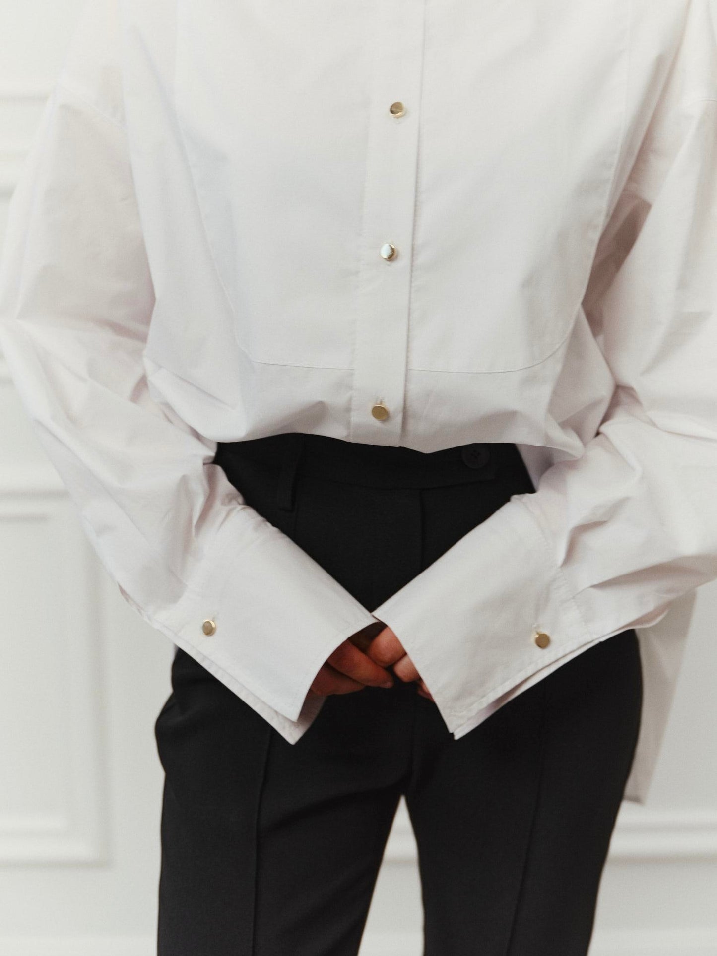 Bib-front oversized cotton shirt with accent gold buttons
