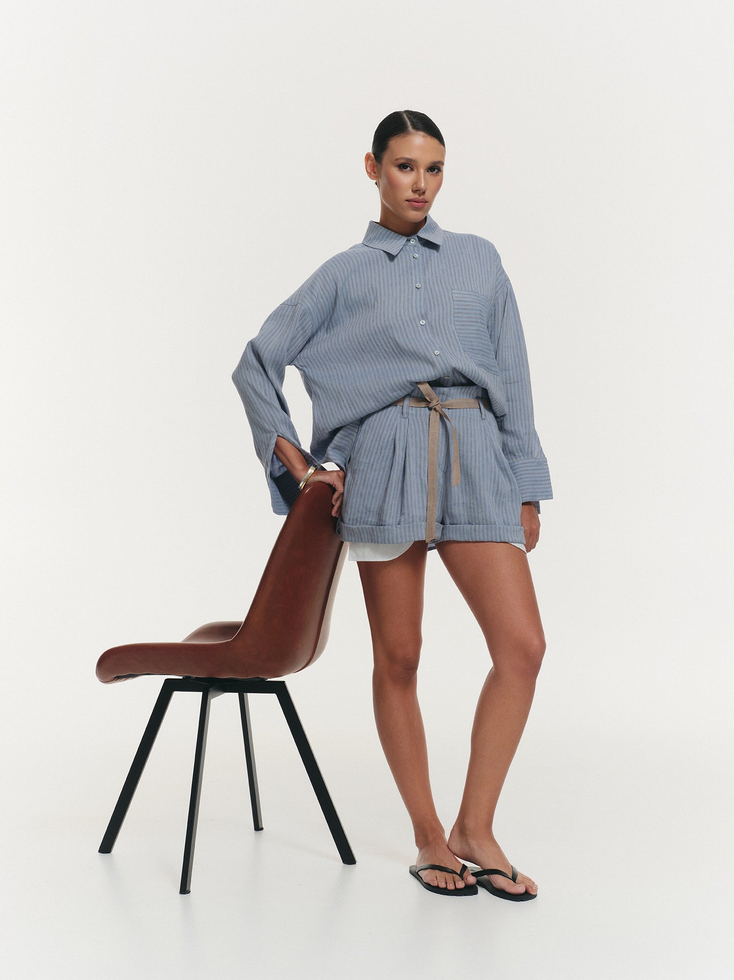 Two-piece linen set with relaxed fit shirt and shorts