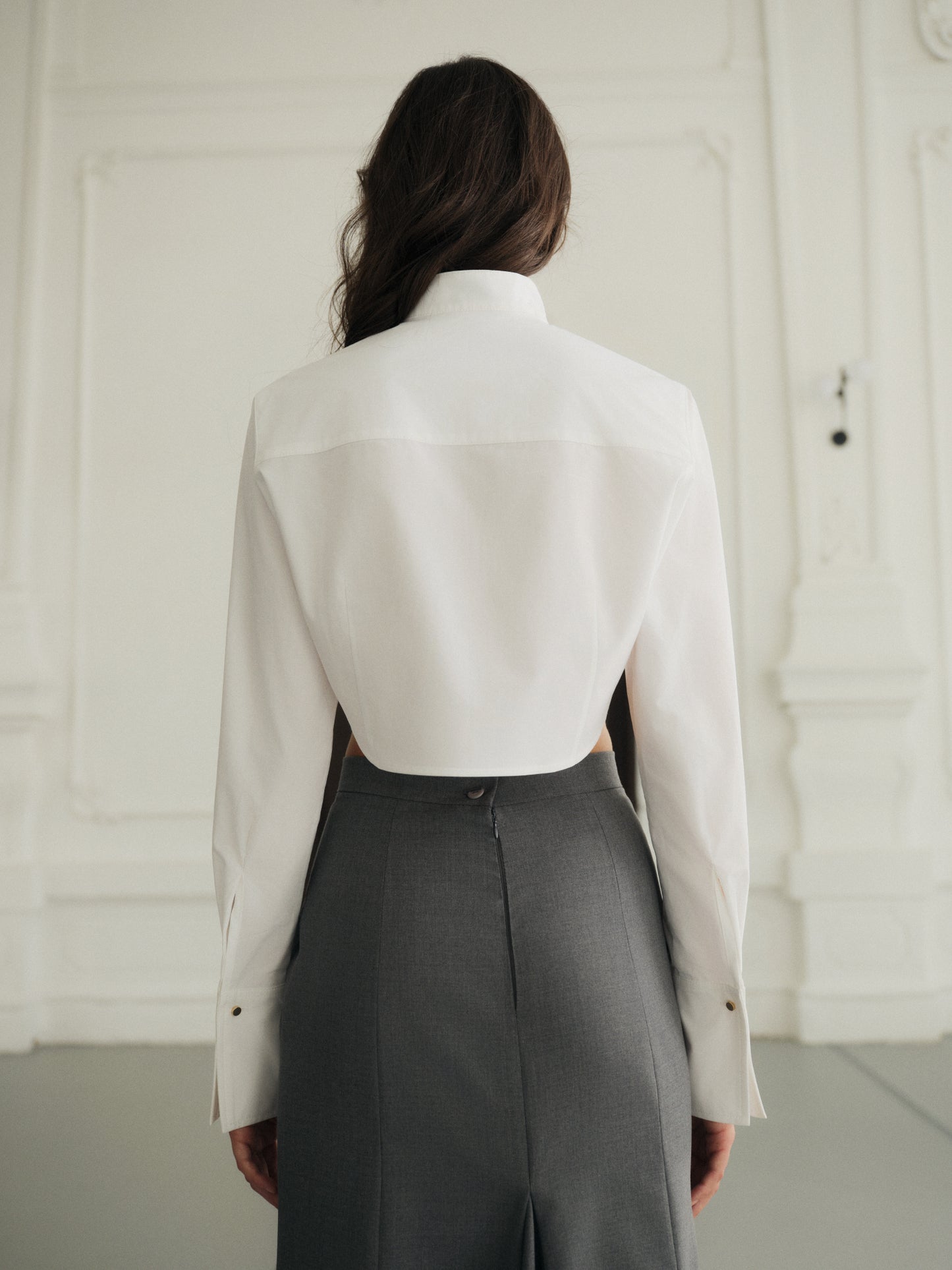 Crop shirt with accent gold button in premium white cotton