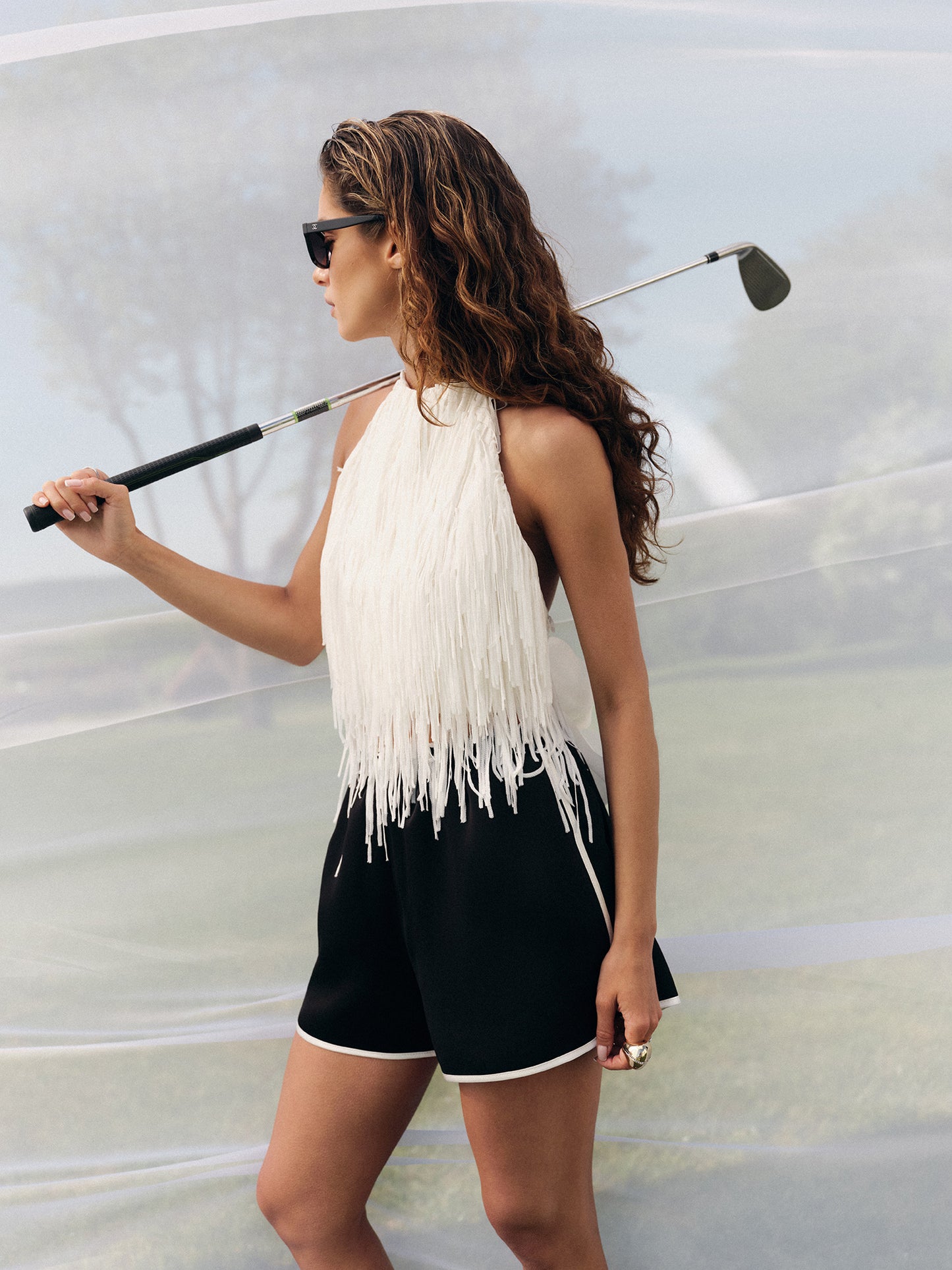 Fringe halter top with back ribbon ties