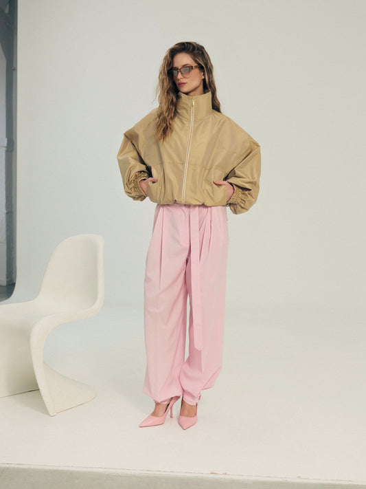 Wide-leg statement color wool pants with accent convertible hem