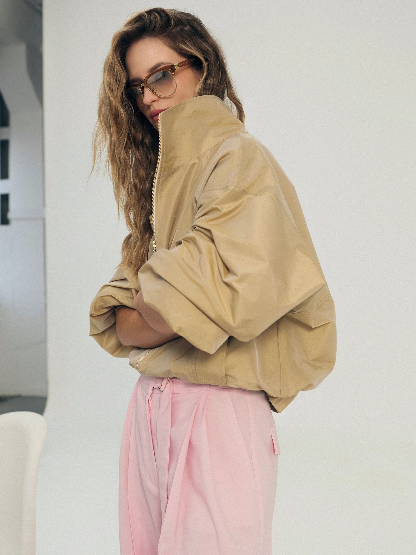 Lightweight high neck jacket in viscose silk blend