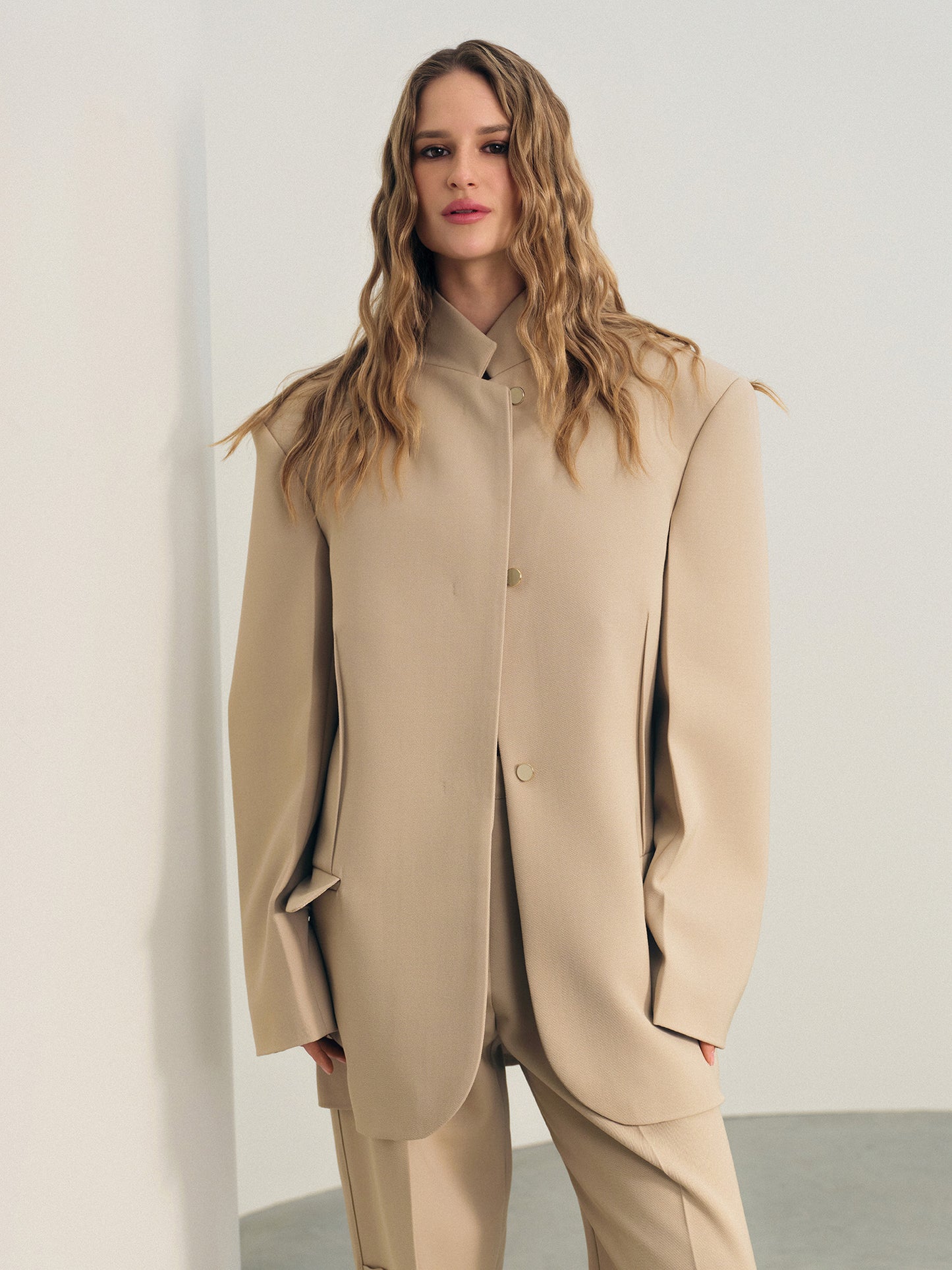 Two-piece wool suit with Paris jacket and accent wide-leg pants