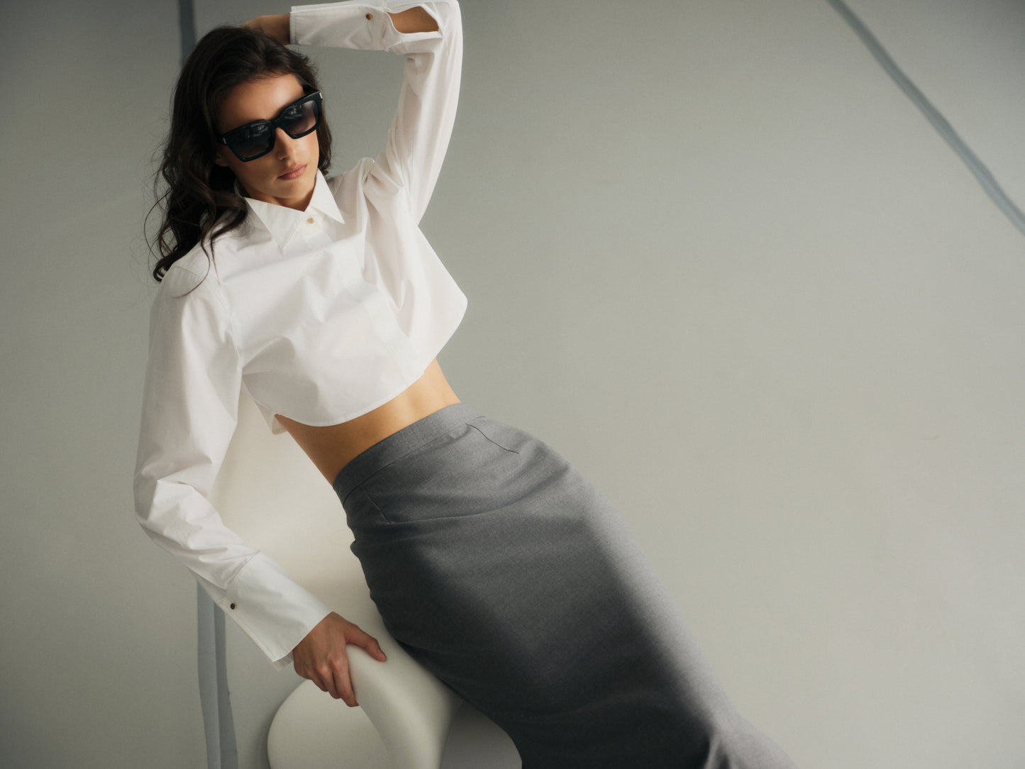 Crop shirt with accent gold button in premium white cotton