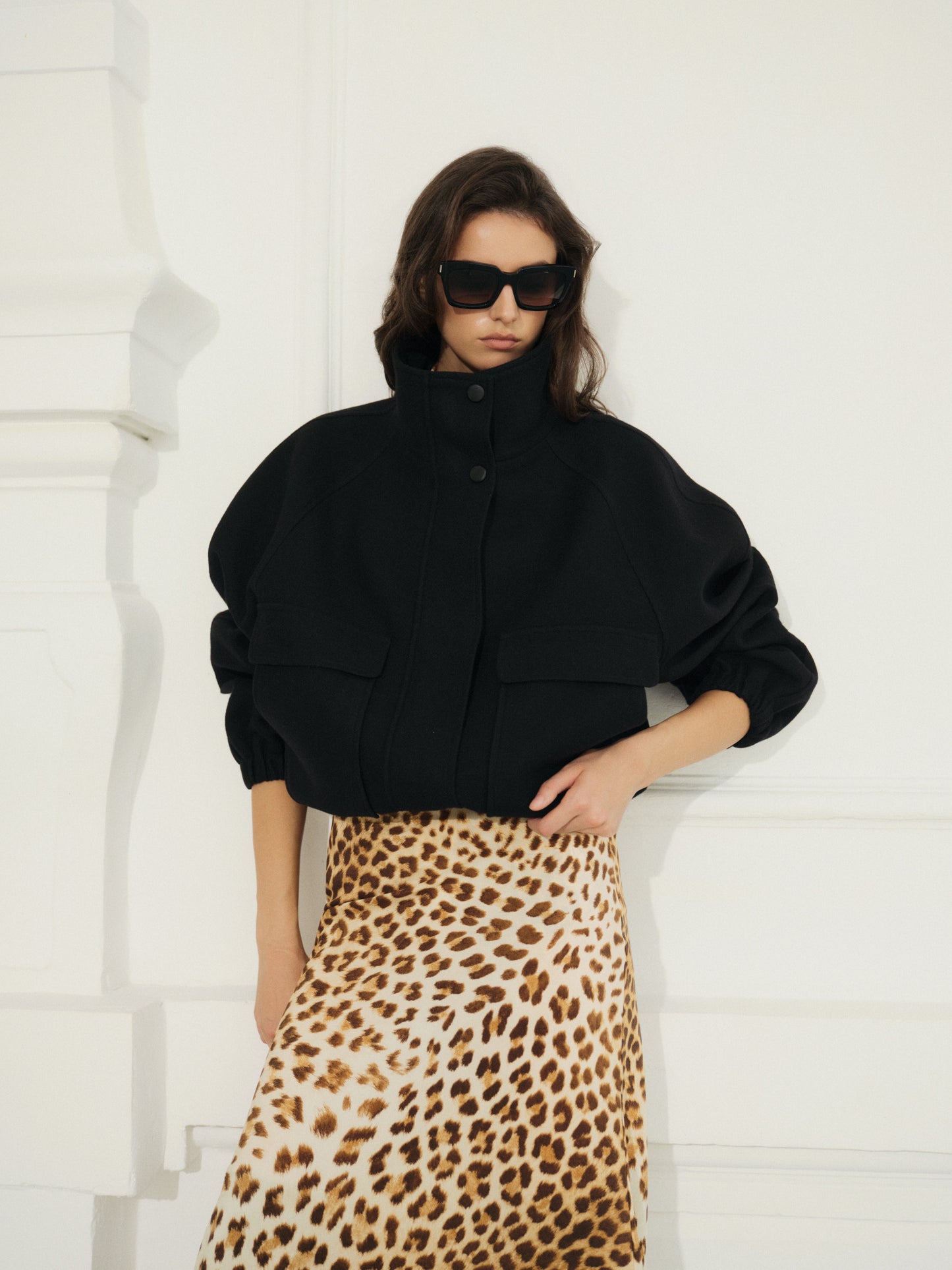 High neck bomber jacket in wool cashmere blend