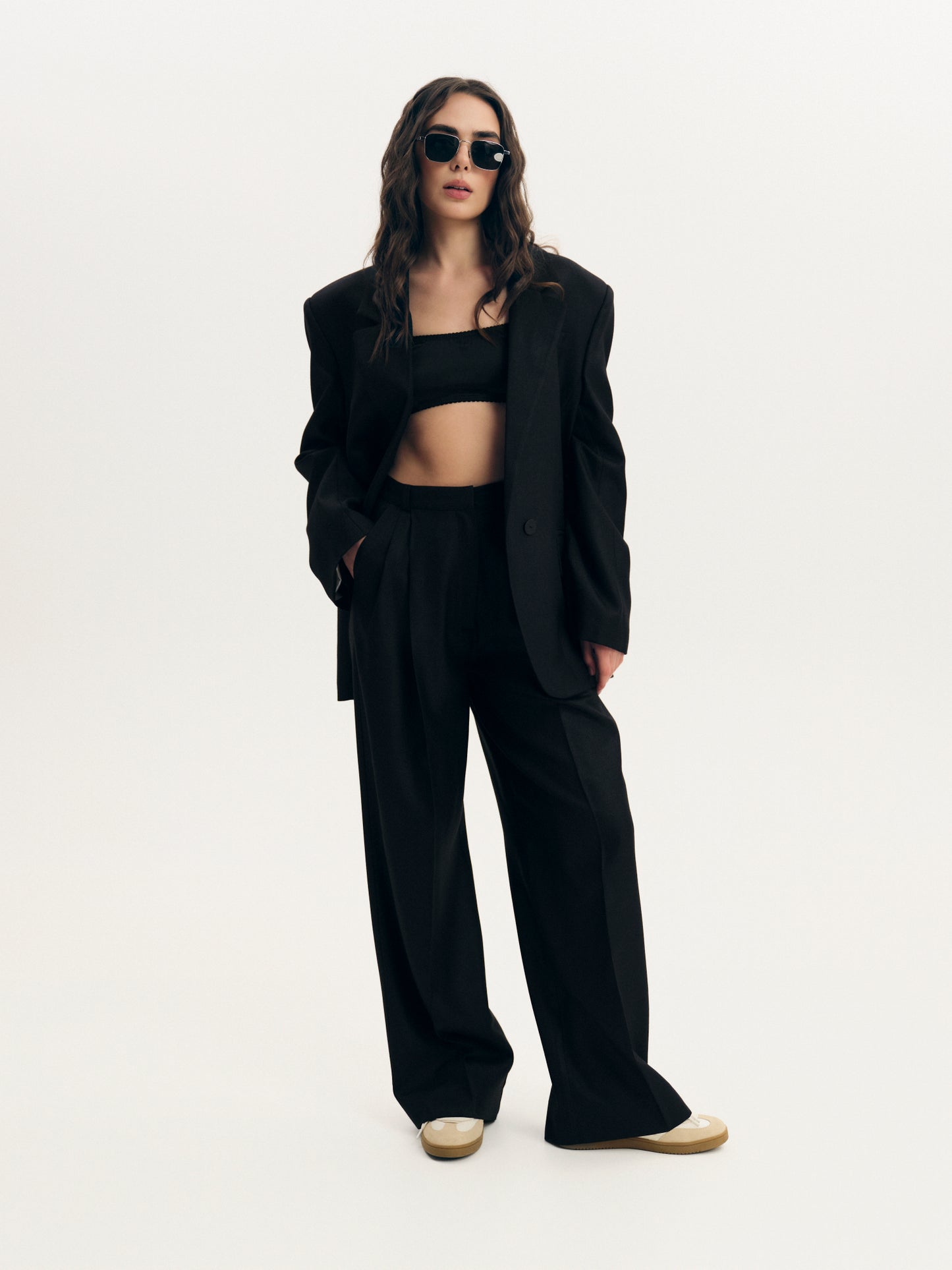 Two-piece contemporary fit suit with Ralph blazer and palazzo pants in structured wool silk blend