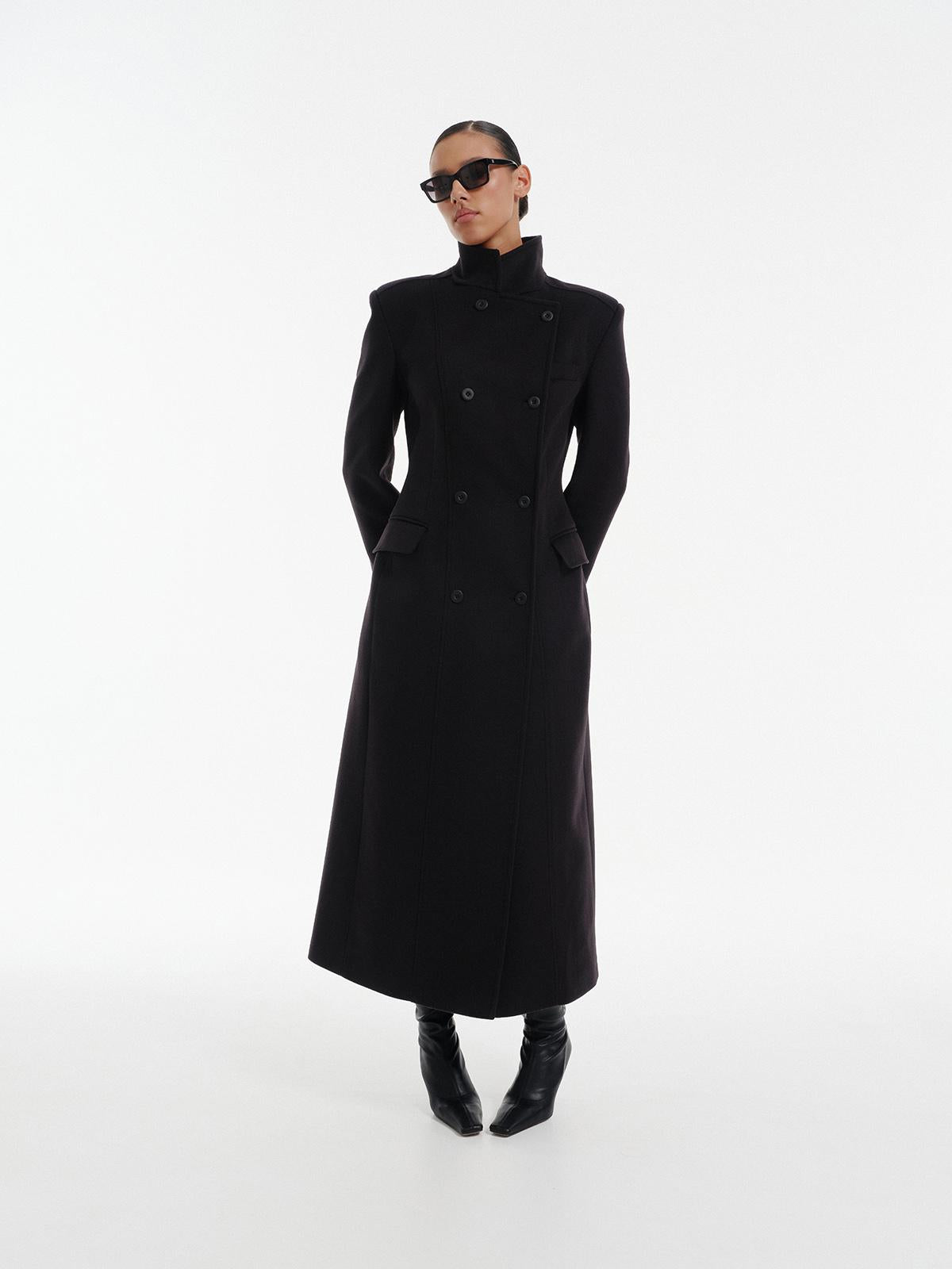 Nikko slim fit double breasted maxi coat in premium black wool