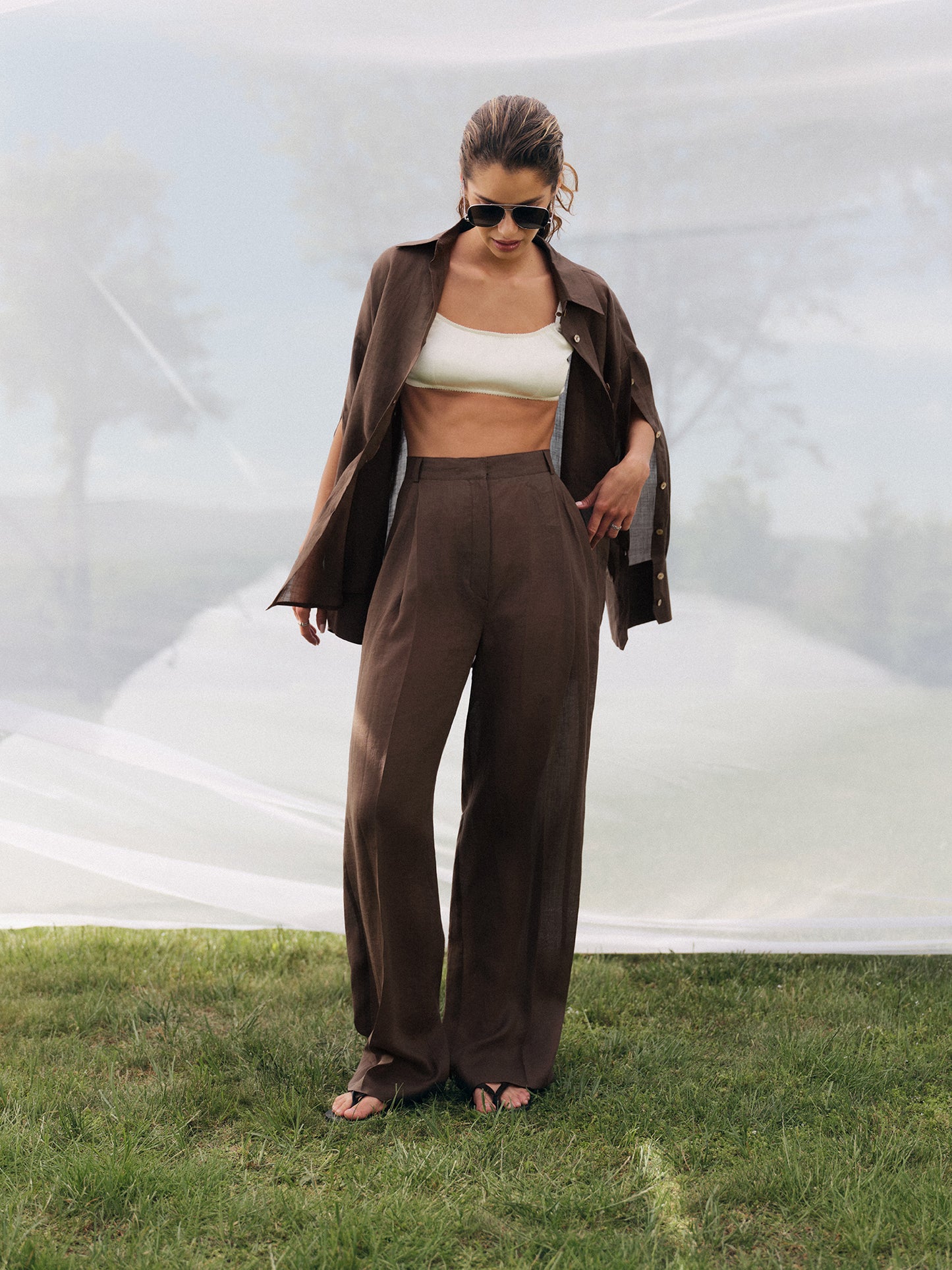 Oversized shirt with accent buttoned sleeves with wide-leg pants in tobacco silk linen