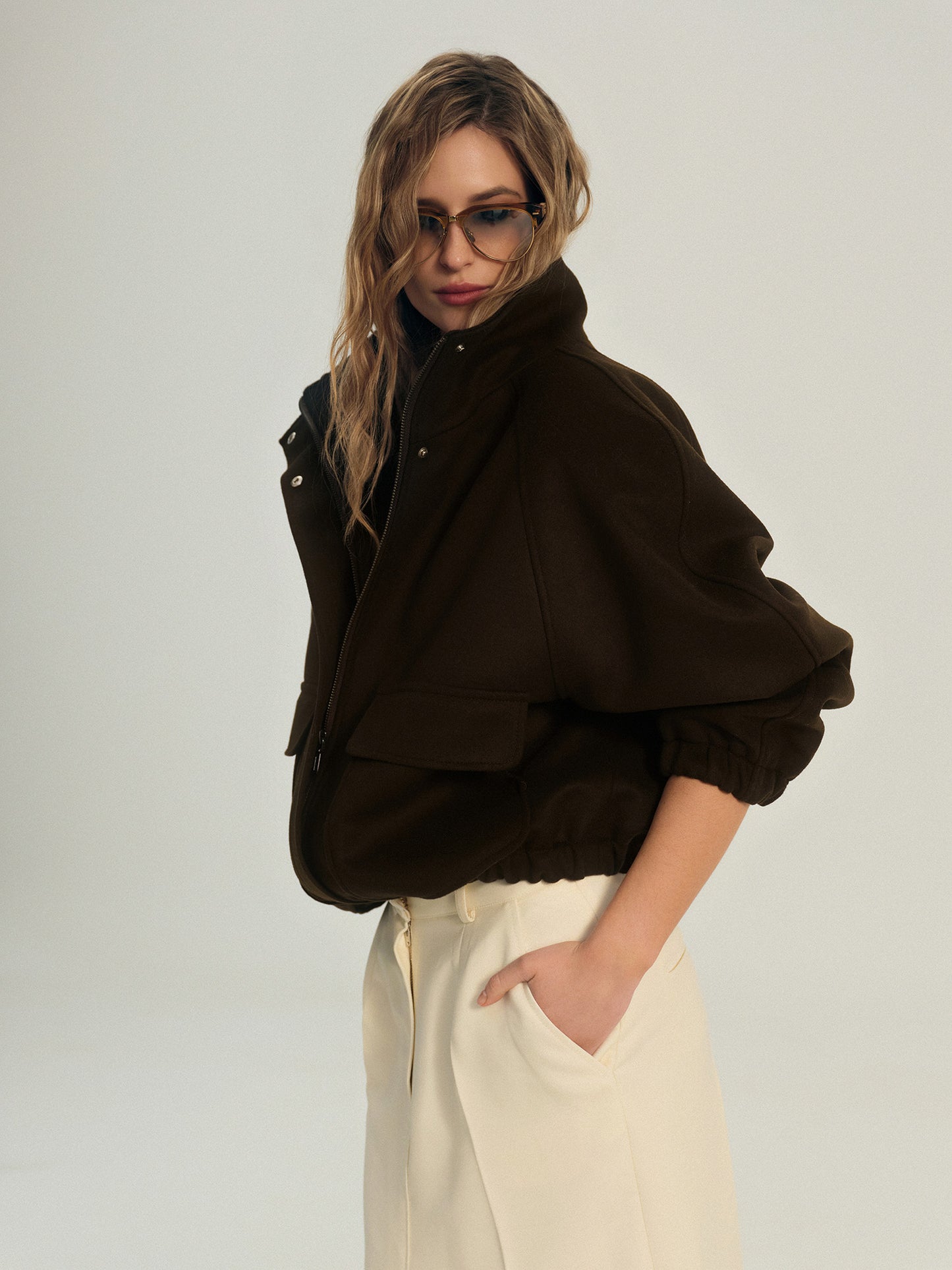 High neck bomber jacket in chocolate virgin wool