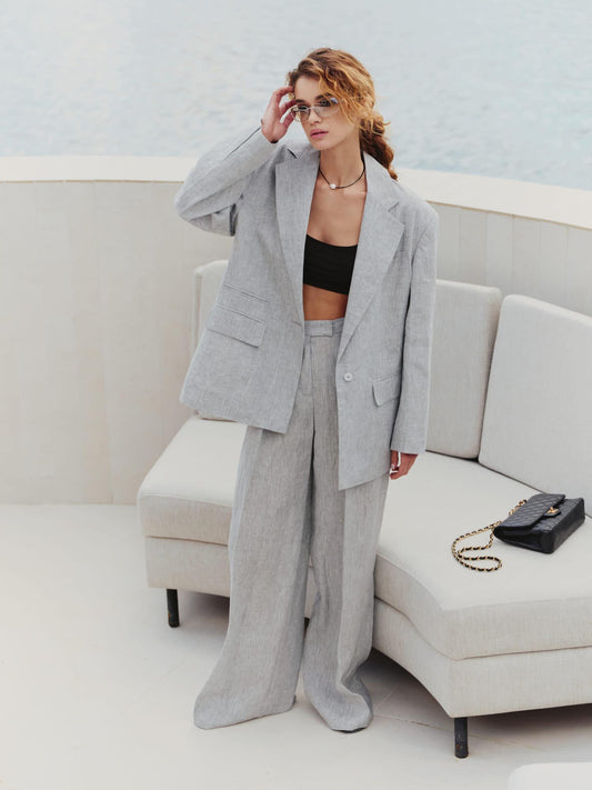 Two-piece loose fit suit with palazzo pants in light grey linen