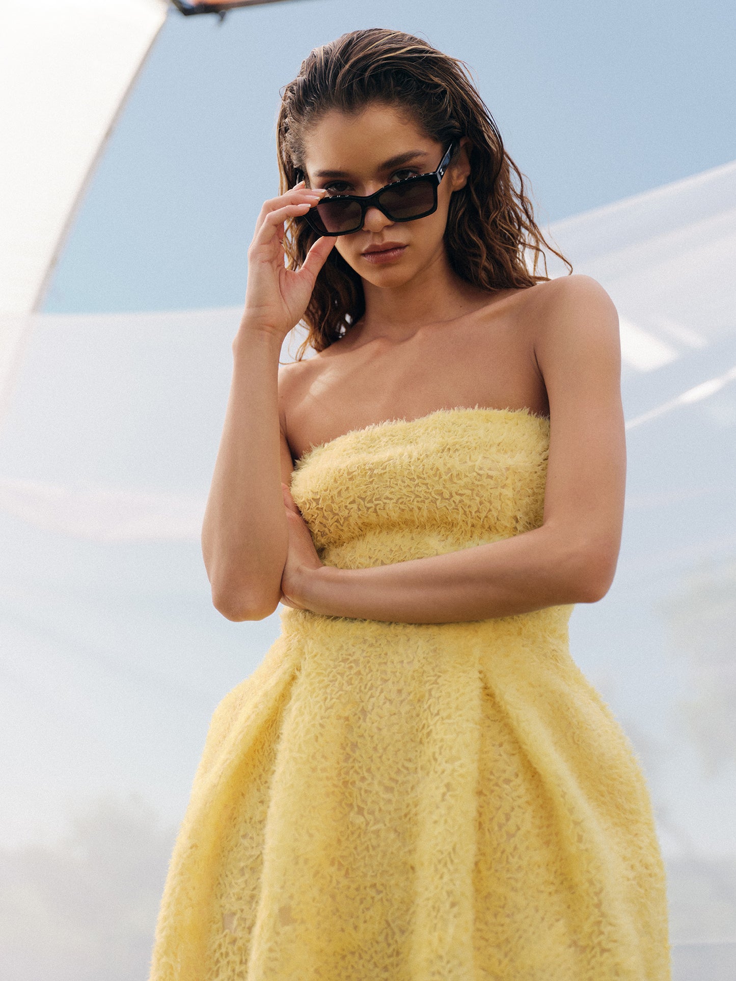 Amalfi strapless midi dress in volume textured viscose blend