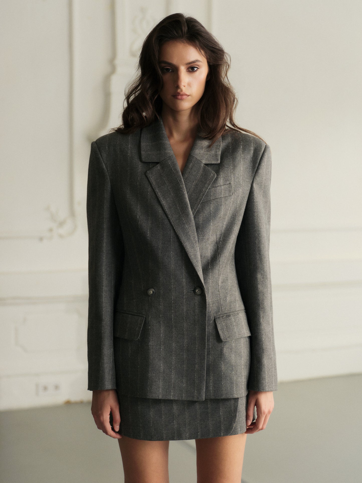 Linda fitted wool double-breasted jacket with matching mini skirt