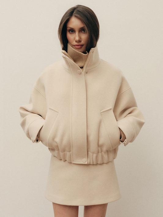 Contemporary fit cashmere bomber jacket with mini skirt