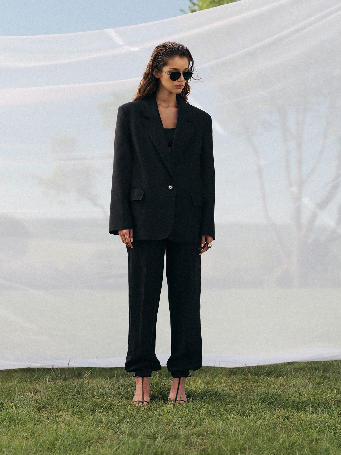 Ralph accent cape-sleeve linen blazer with matching Yasmine pants