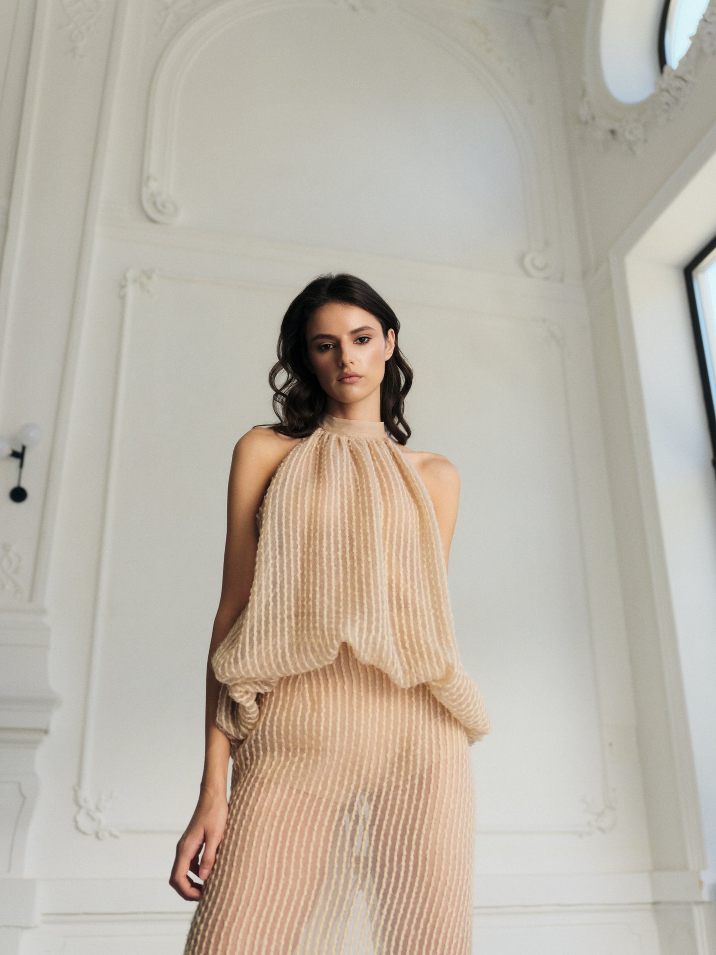 Two-piece open back volume halter top with  sheer skirt