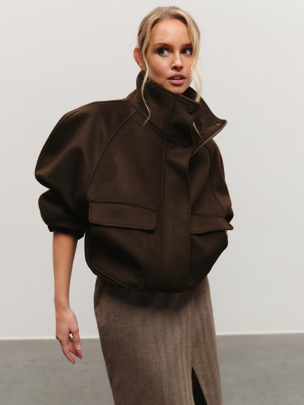Warm bomber jacket in deep chocolate wool