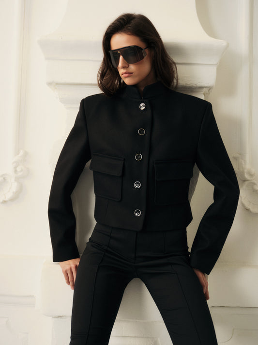 Contemporary fit stand collar jacket with pockets and accent golden buttons