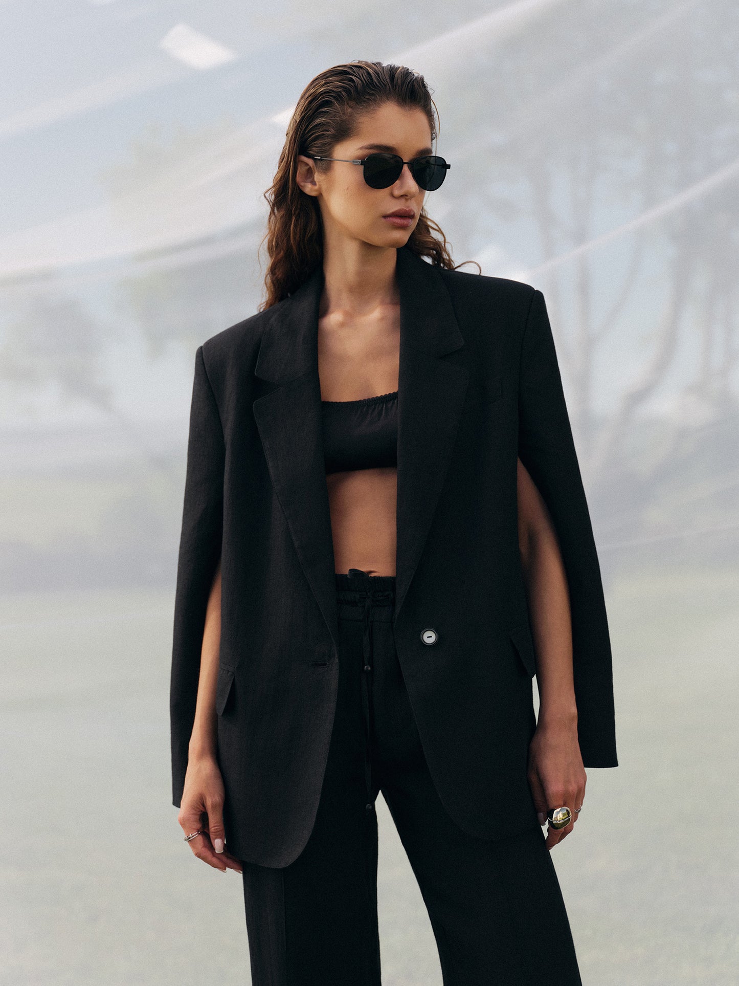 Ralph accent cape-sleeve linen blazer with matching Yasmine pants