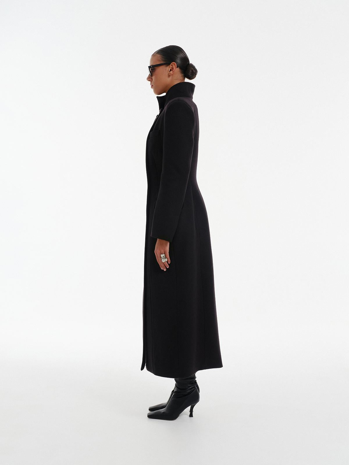 Nikko slim fit double breasted maxi coat in premium black wool