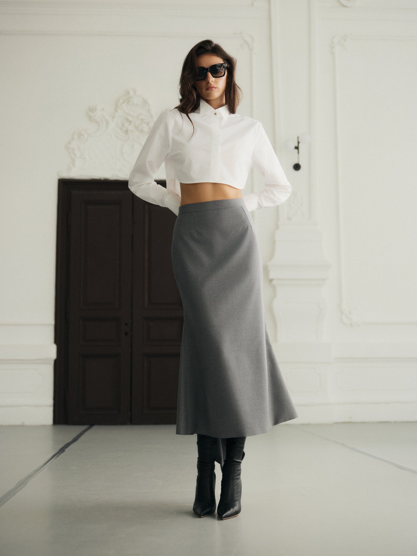 Crop shirt with accent gold button in premium white cotton