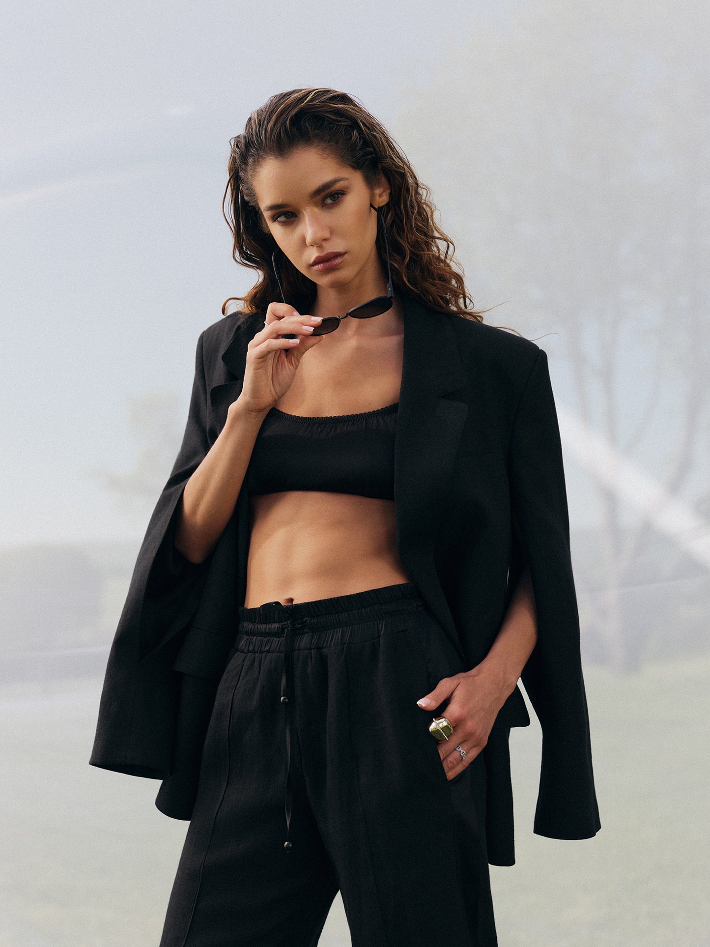 Ralph accent cape-sleeve linen blazer with matching Yasmine pants