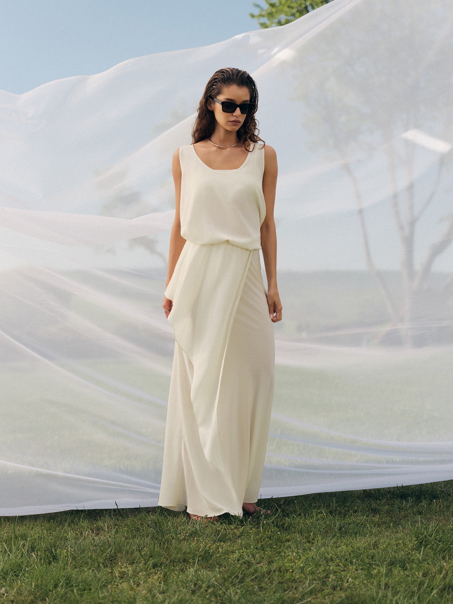 The Muse maxi layered silk skirt with matching tank top