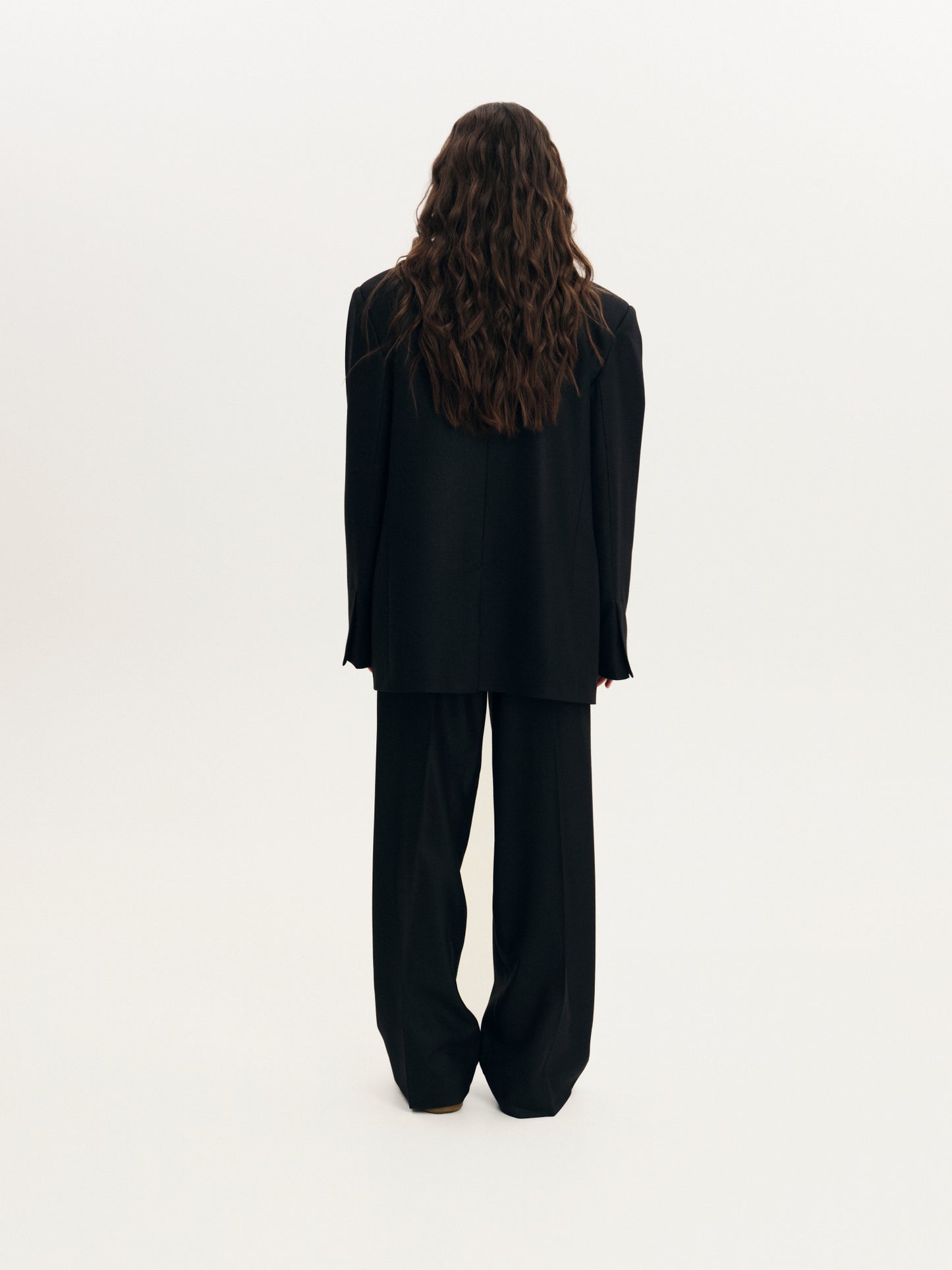 Two-piece contemporary fit suit with Ralph blazer and palazzo pants in structured wool silk blend