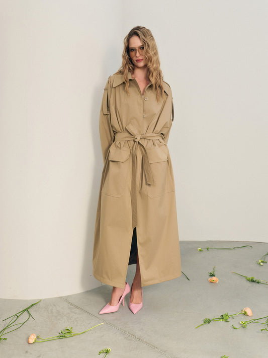 Waterproof cotton maxi trench coat with accent rolled-up sleeves