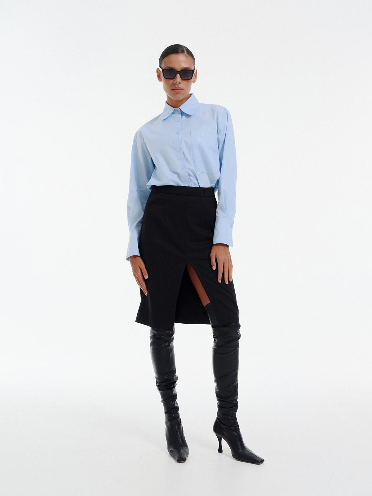 Front slit wool midi skirt