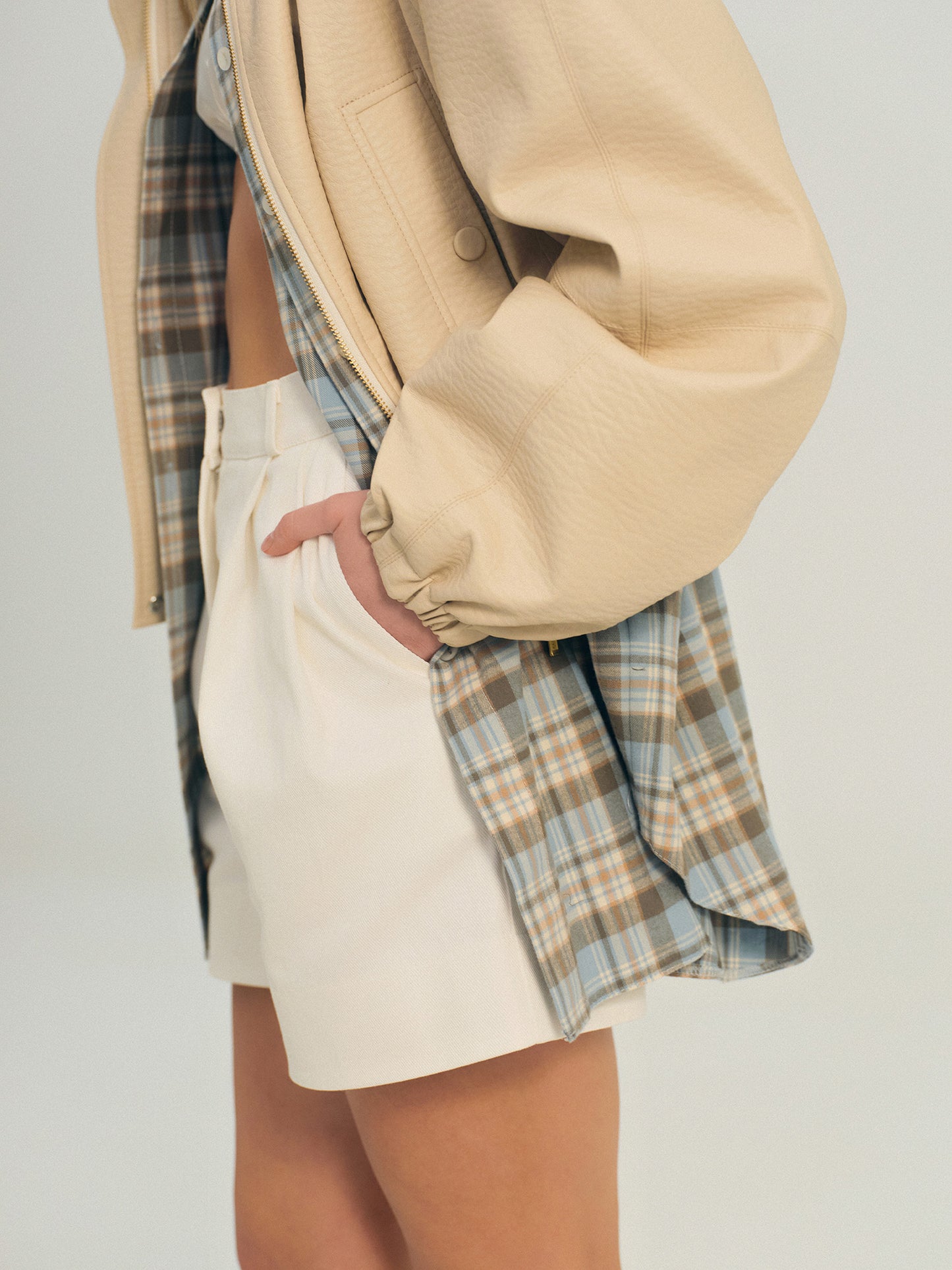 PU coated textile bomber jacket in vanilla color