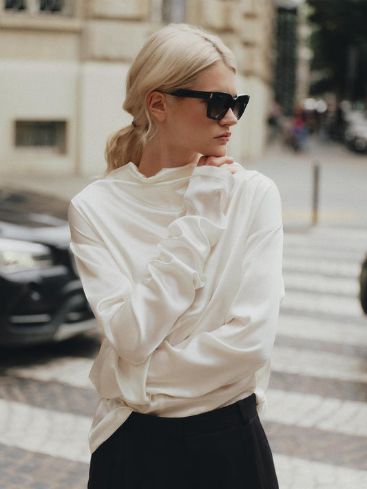 High-neck loose fit long-sleeve top in silk viscose blend