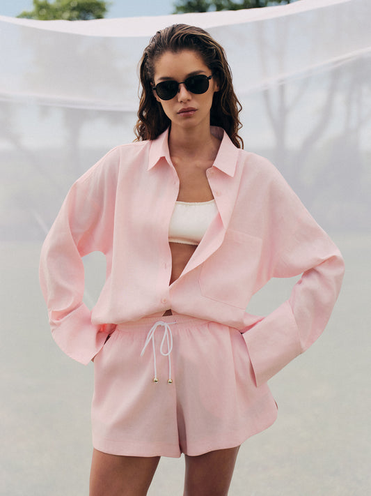 Oversized shirt with accent buttoned back in pink silk linen