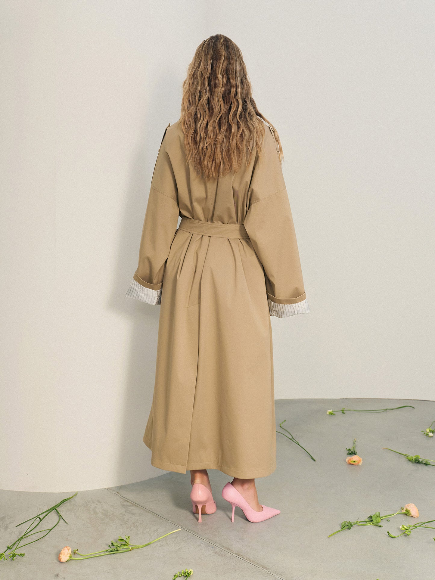 Waterproof cotton maxi trench coat with accent rolled-up sleeves