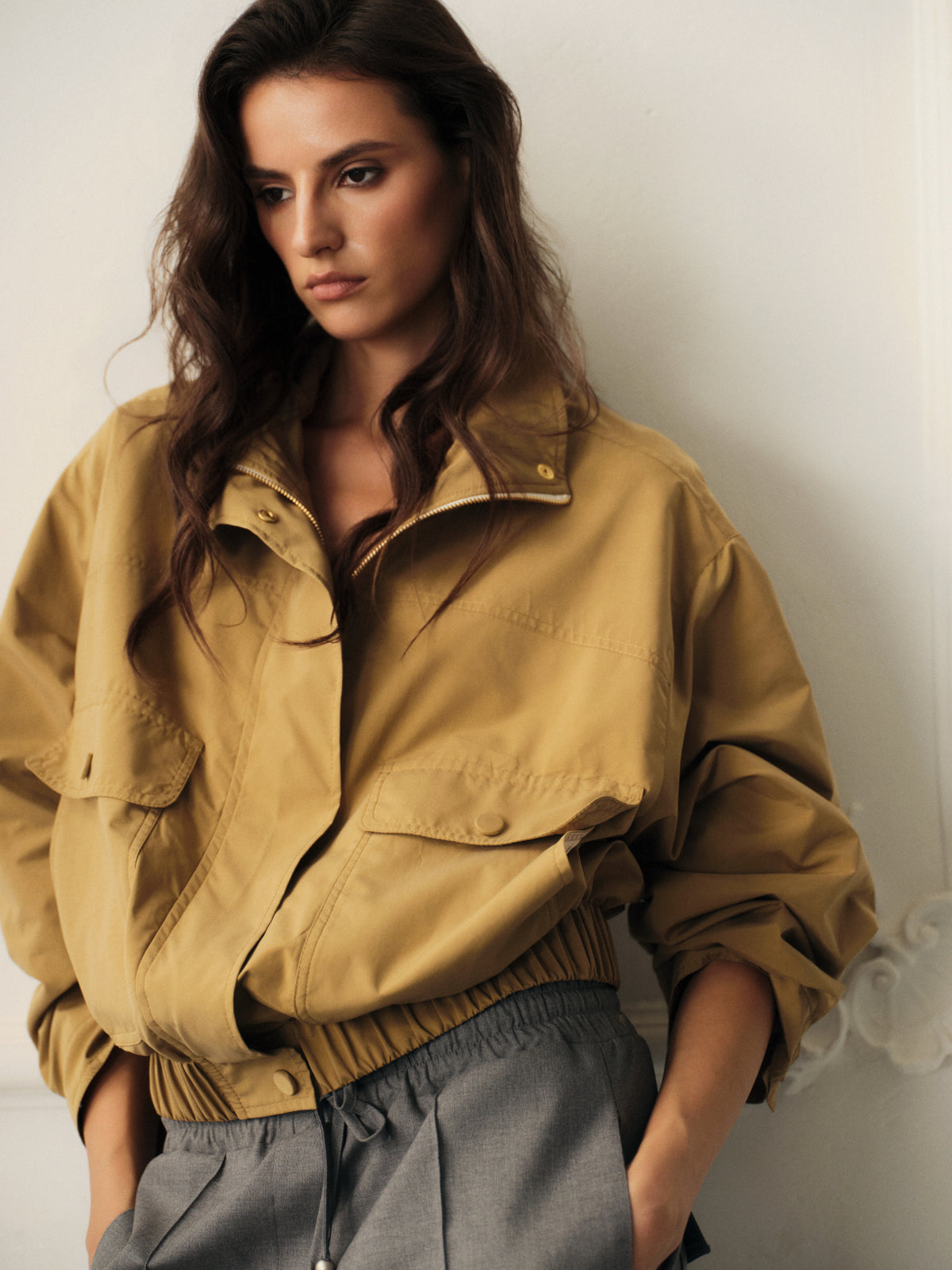 High neck bomber jacket in waterproof fabric