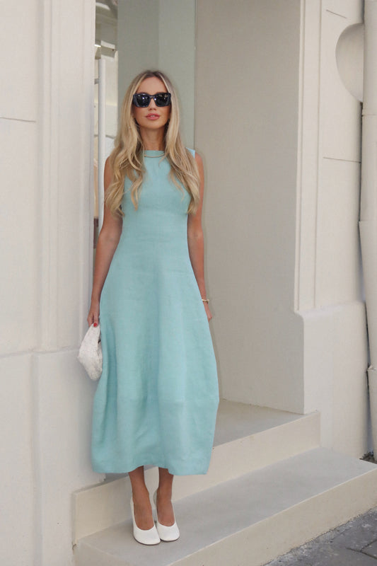 KATE boat-neck dress in Tiffany color linen