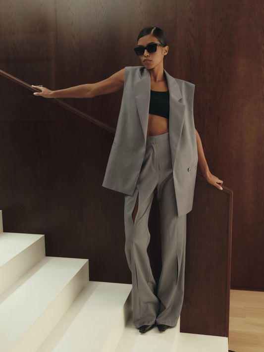 Two-piece virgin wool contemporary fit set with accent cut-out sleeveless jacket and pants